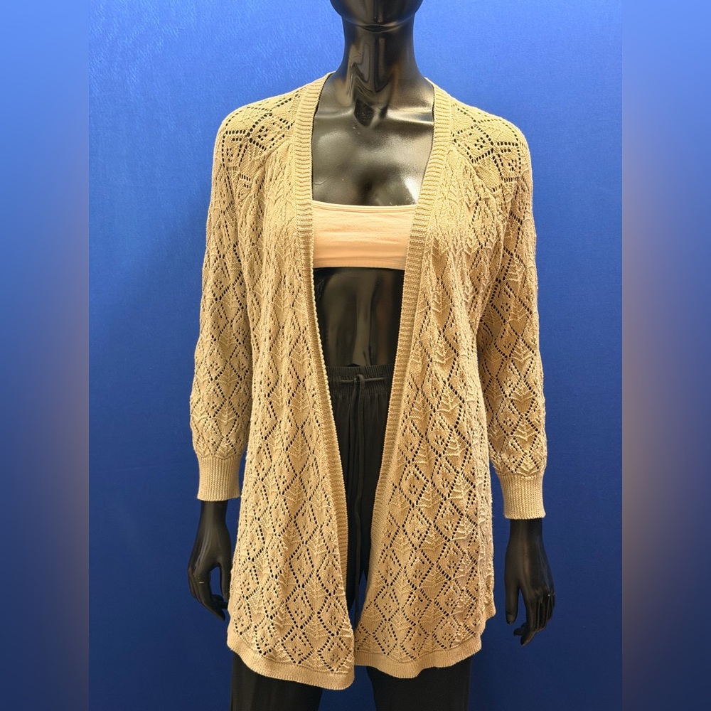“Basic Editions” Women's Tan Open-Knit Cardigan/Sweater. Size XL